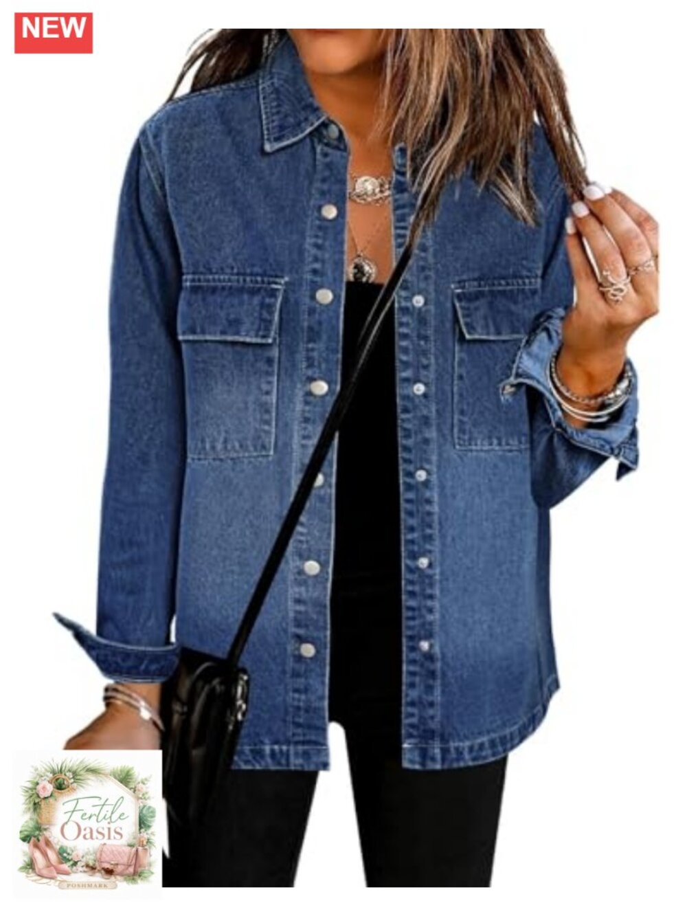 Oversized Cotton Denim Jacket Women Button Down Shacket with Pockets
